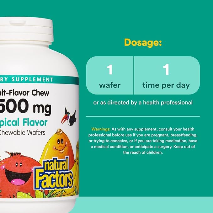 Natural Factors, Kids Chewable Vitamin C 500 mg, Supports Immune Health, Bones, Teeth and Gums, Tropical, 180 Count (Pack of 1)