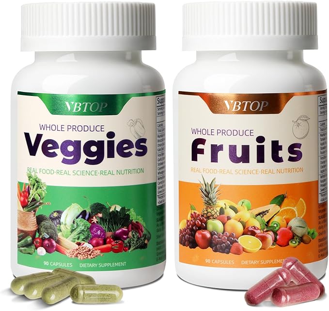 Fruit & Vegetable Supplement - Natural Ingredients - 2 Bottles - 180 Capsules Total | A Blend of 20+19 Natural Whole Fruits & Vegetables, a Fresh superfood Formula Rich in Vitamins and Minerals