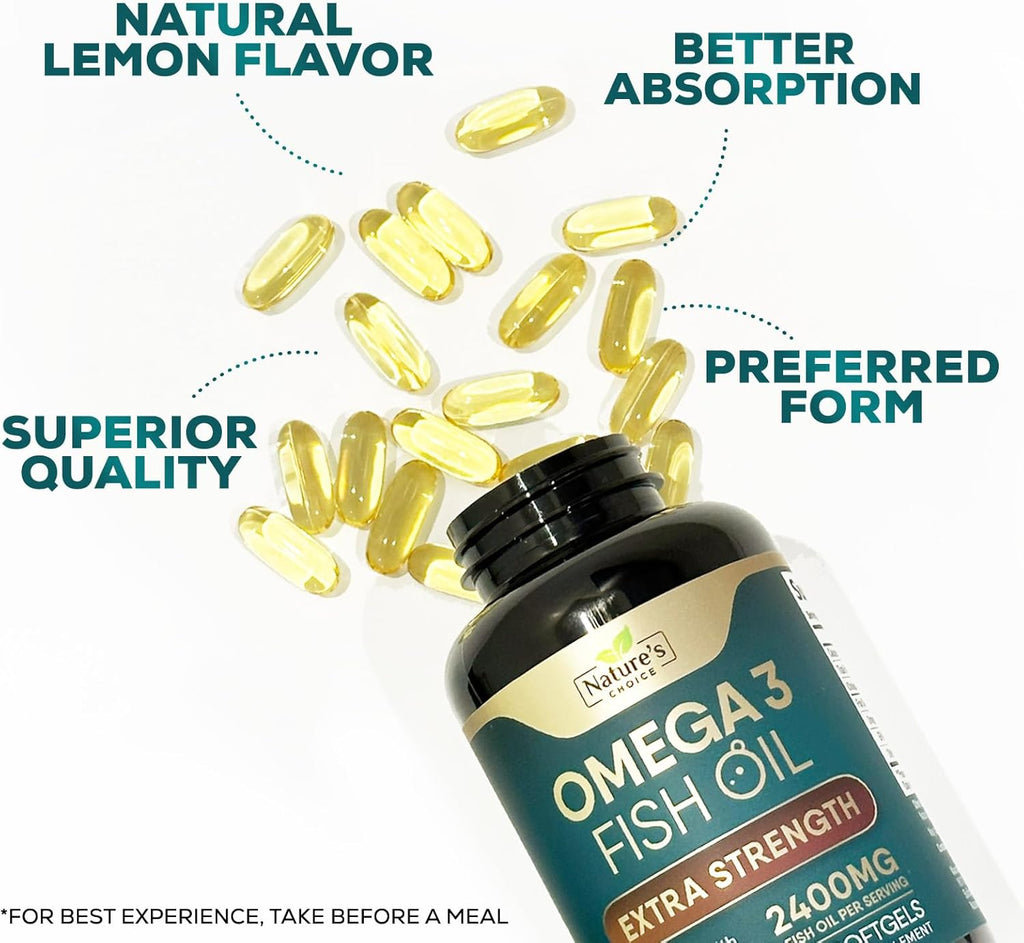 Omega 3 Fish Oil Supplement 2400 mg - Triple Strength EPA & DHA Fish Oil Omega 3, Essential Fatty Acids Supplement Softgels, Brain & Heart Health Support Supplements, Gluten Free Non-GMO, 180 Softgels