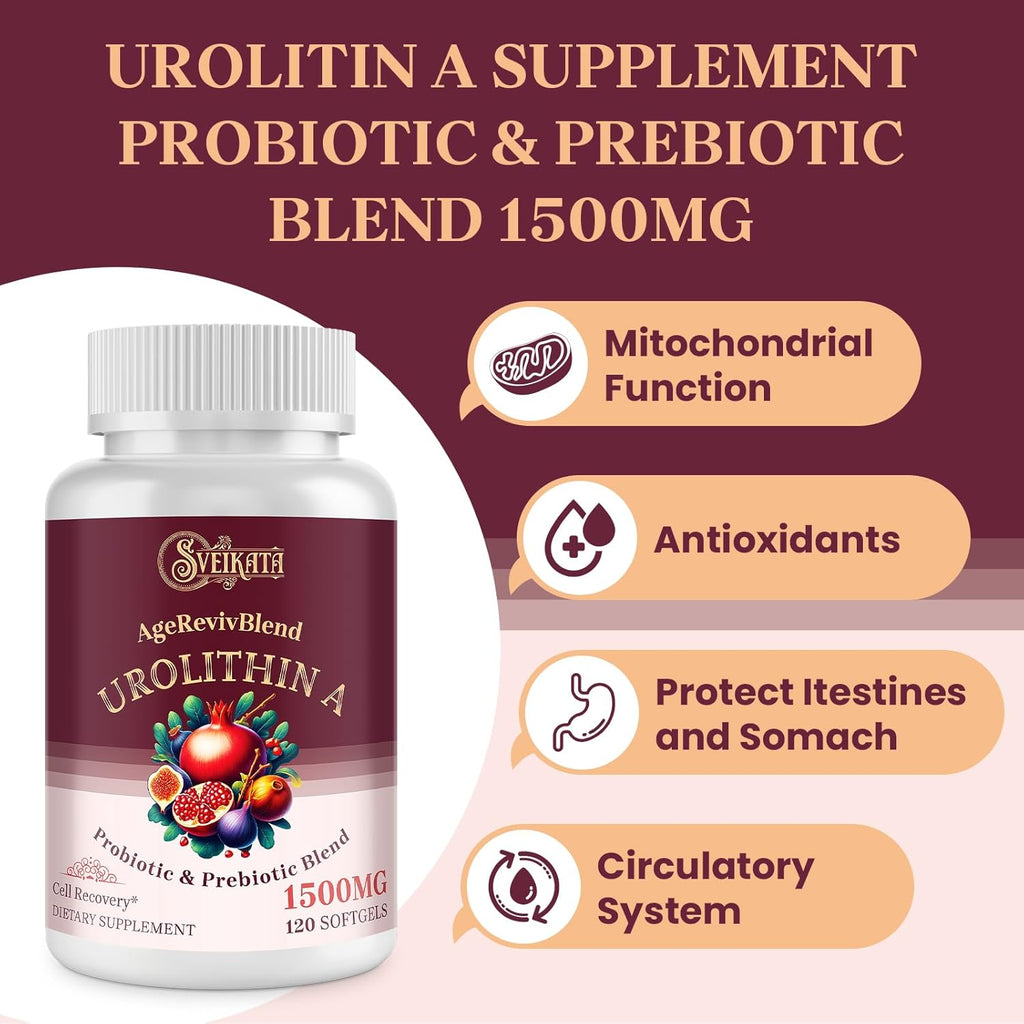 Urolithin A Supplement 1500mg – Advanced Urolithin Formula with Probiotic & Prebiotic Complex and 30% Pomegranate Extract – for Energy, Mitochondrial & Antioxidants – 120 Softgels (2 Bottles)