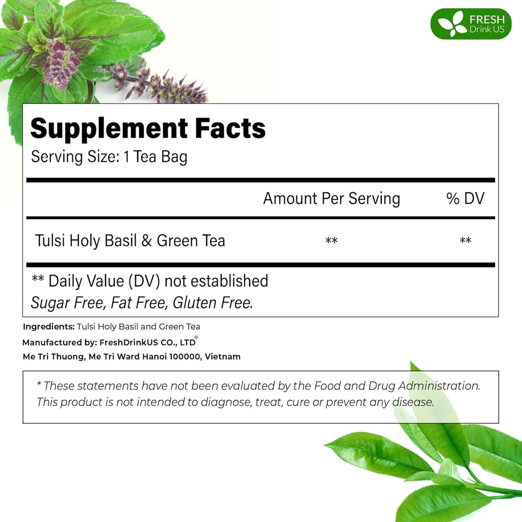 FreshDrinkUS, Premium 55 Tulsi Green Tea Bags, 100% Natural, Blend of Tulsi Holy Basil Leaves, and Green Tea Leaves. Made with Natural Material Tea Bags. No Sugar, Vegan.