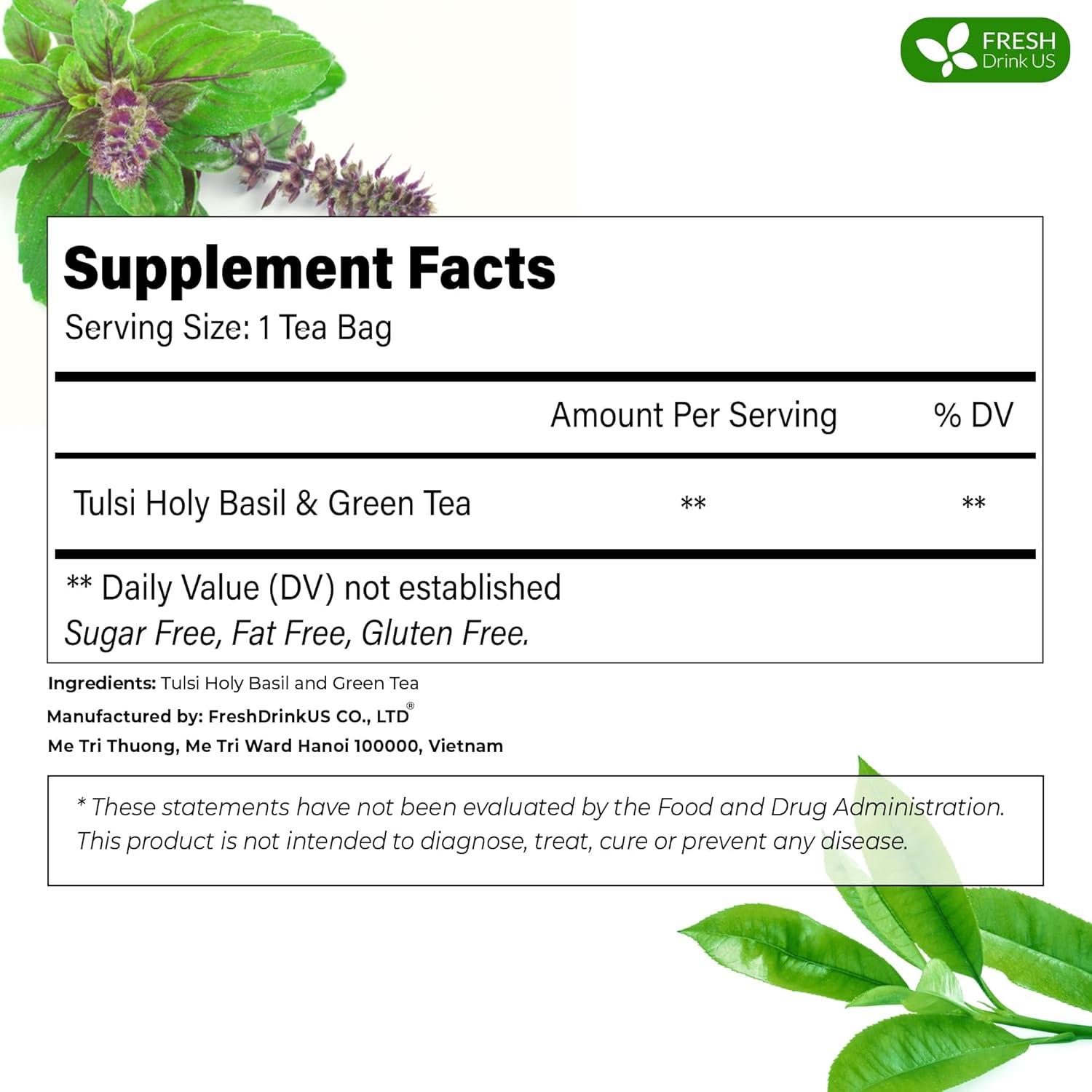 FreshDrinkUS, Premium 55 Tulsi Green Tea Bags, 100% Natural, Blend of Tulsi Holy Basil Leaves, and Green Tea Leaves. Made with Natural Material Tea Bags. No Sugar, Vegan.