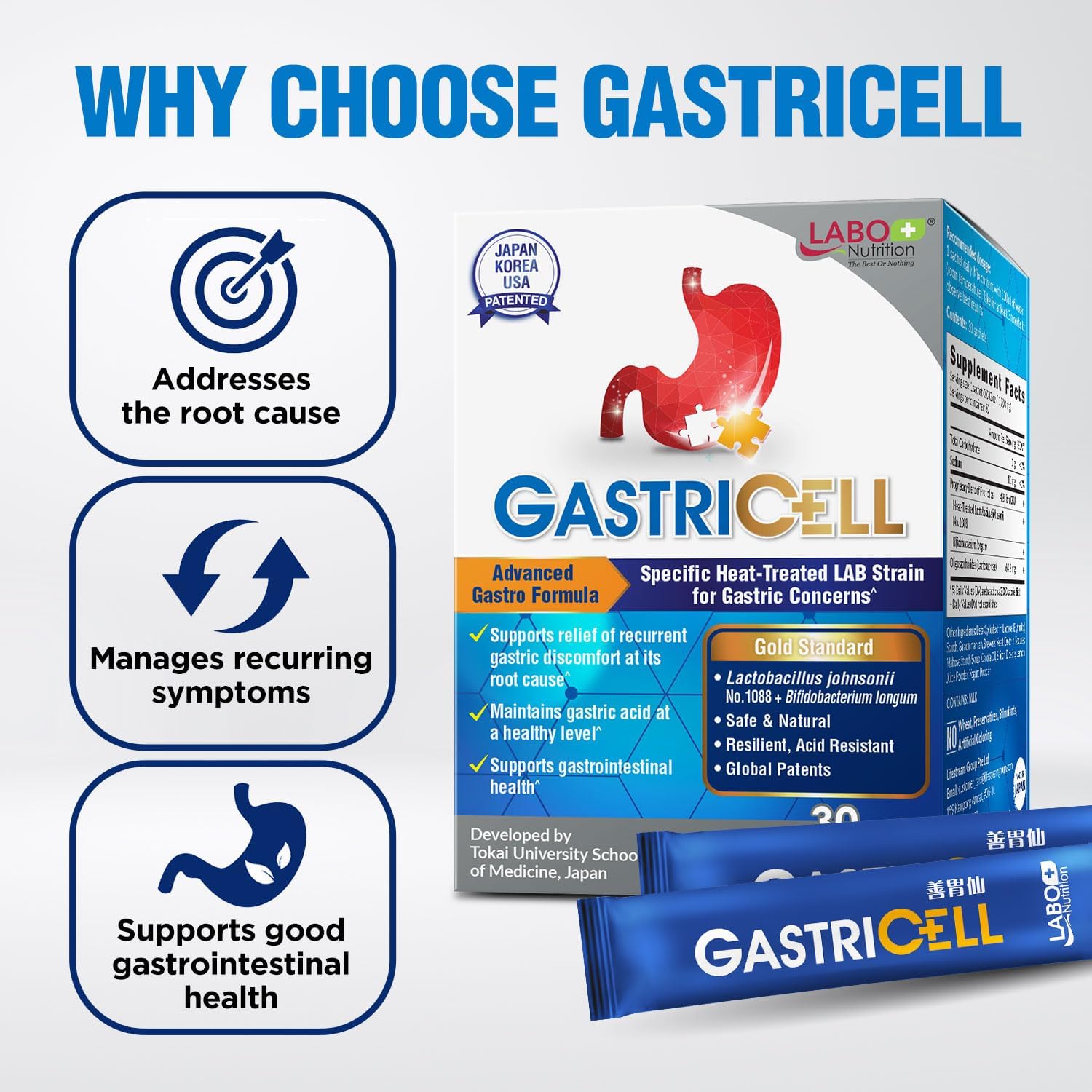 LABO Nutrition GASTRICELL - Acid Reflux, Heartburn, Recurring Gastric Discomfort, Natural Defence Against Gastric Distress 30 sachets