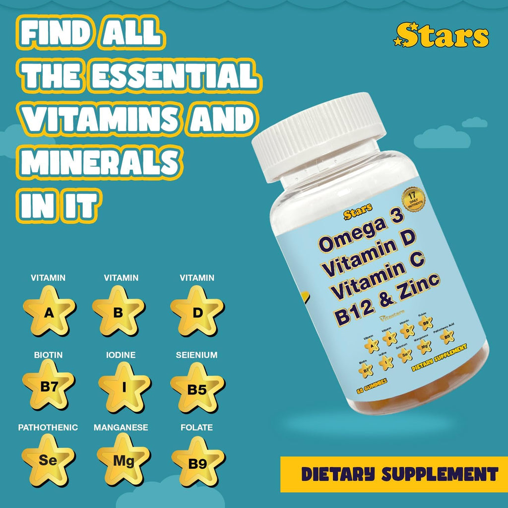 Adult Multivitamin Gummies with Omega 3 - Daily Vitamins A, B, C, D & Biotin - Gluten-Free, Plant-Based Multivitamin for Men & Women with Selenium, 60 Gummies