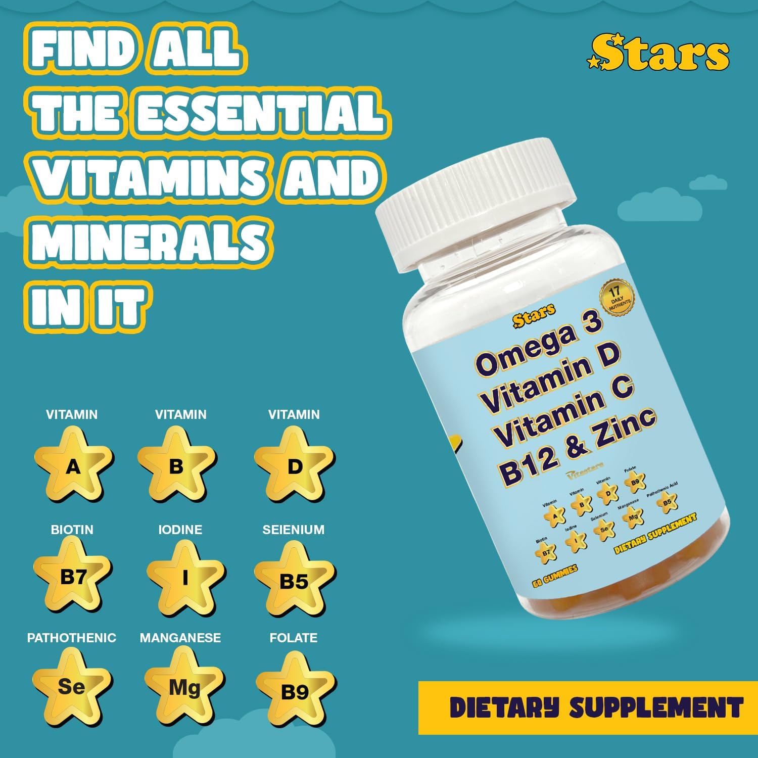 Adult Multivitamin Gummies with Omega 3 - Daily Vitamins A, B, C, D & Biotin - Gluten-Free, Plant-Based Multivitamin for Men & Women with Selenium, 60 Gummies