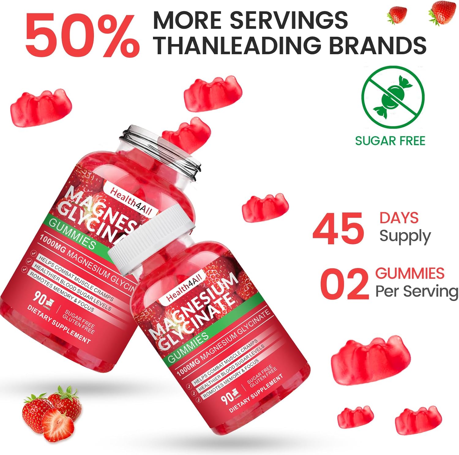 Magnesium Glycinate Gummies 1000mg, High Absorption Sugar Free Magnesium Potassium Supplement for Relaxation, Stress Relief, and Sleep Support for Adults & Kids - 90 Strawberry Gummies