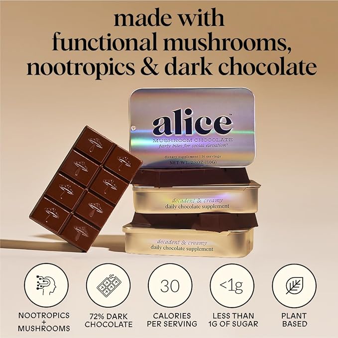 Alice Mushrooms Party Trick | Functional Mushroom Chocolate for Social Enjoyment | Cordyceps, Kanna & Nootropics for Shared Experiences - 1 Pack