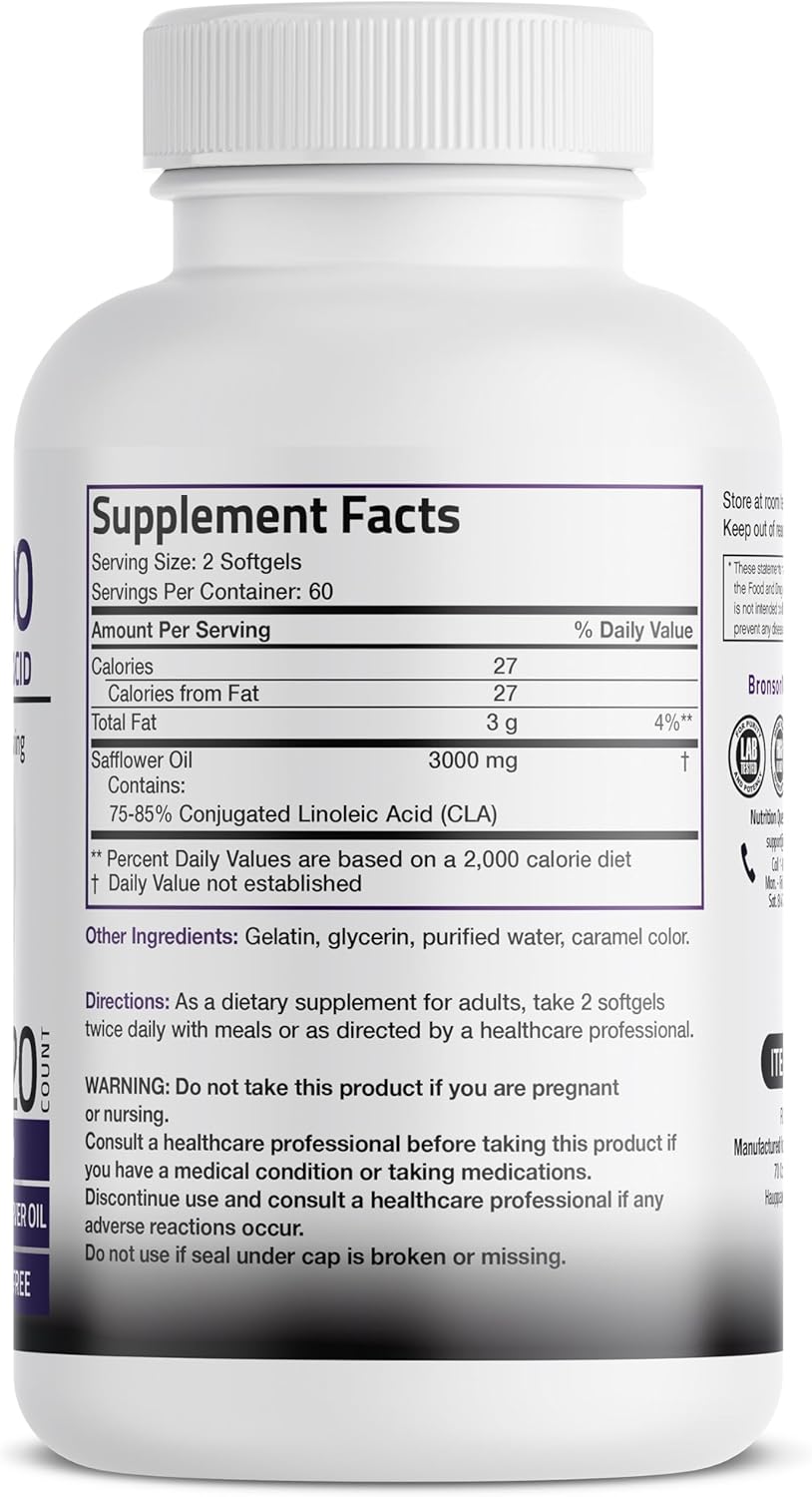 Bronson CLA 3000 Extra High Potency Supports Healthy Weight Management Lean Muscle Mass Non-Stimulating Conjugated Linoleic Acid 120 Softgels
