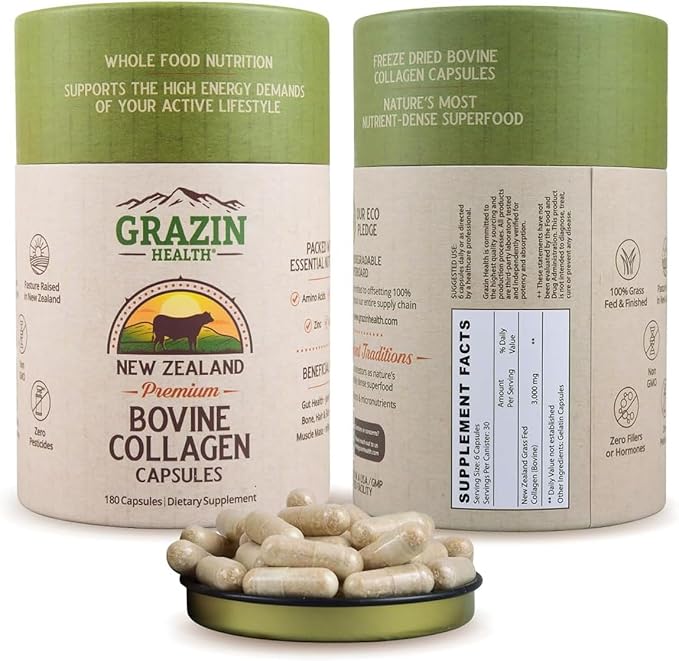 Grass Fed Bovine Collagen Capsules: 3000 Mg per Serving (30 Servings)