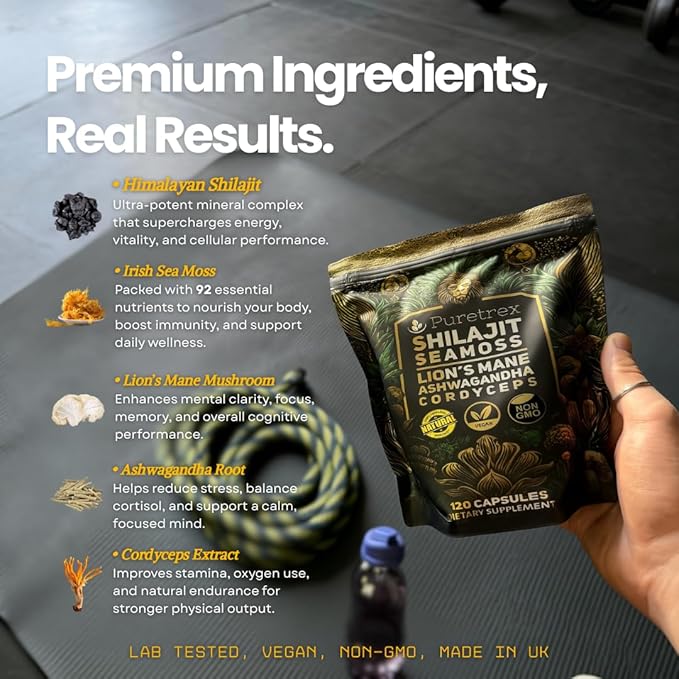 Shilajit Seamoss Capsules with Lion's Mane, Ashwagandha, and Cordyceps – 120 Vegan Capsules for Energy, Focus, and Wellness