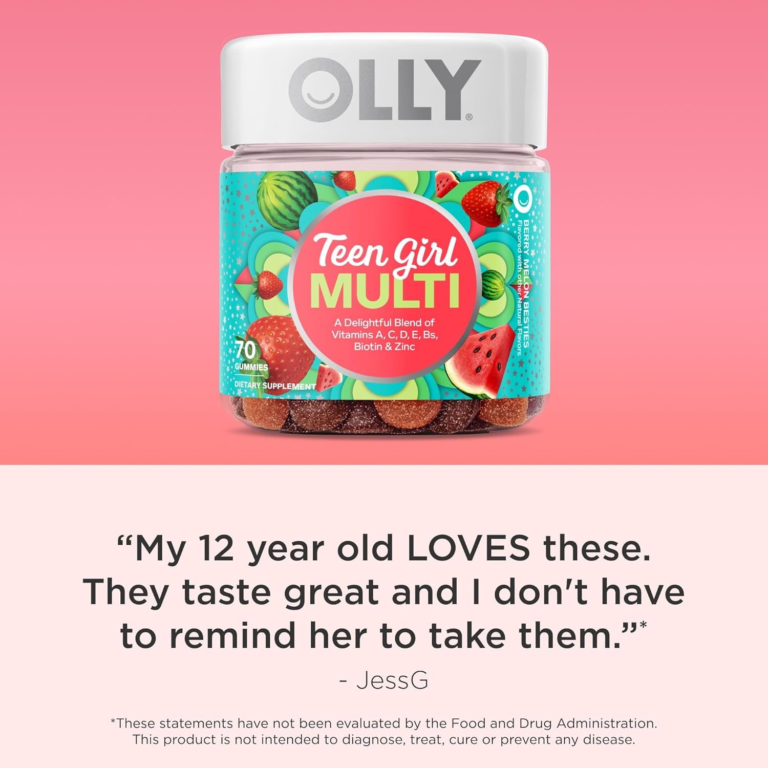 Olly Teen Girl Multi Gummy, Healthy Skin and Immune Support, 15 Essential Vitamins, Biotin, Zinc, Calcium, Chewable Multivitamin, Berry Melon, 35 Day Supply, 70 Count