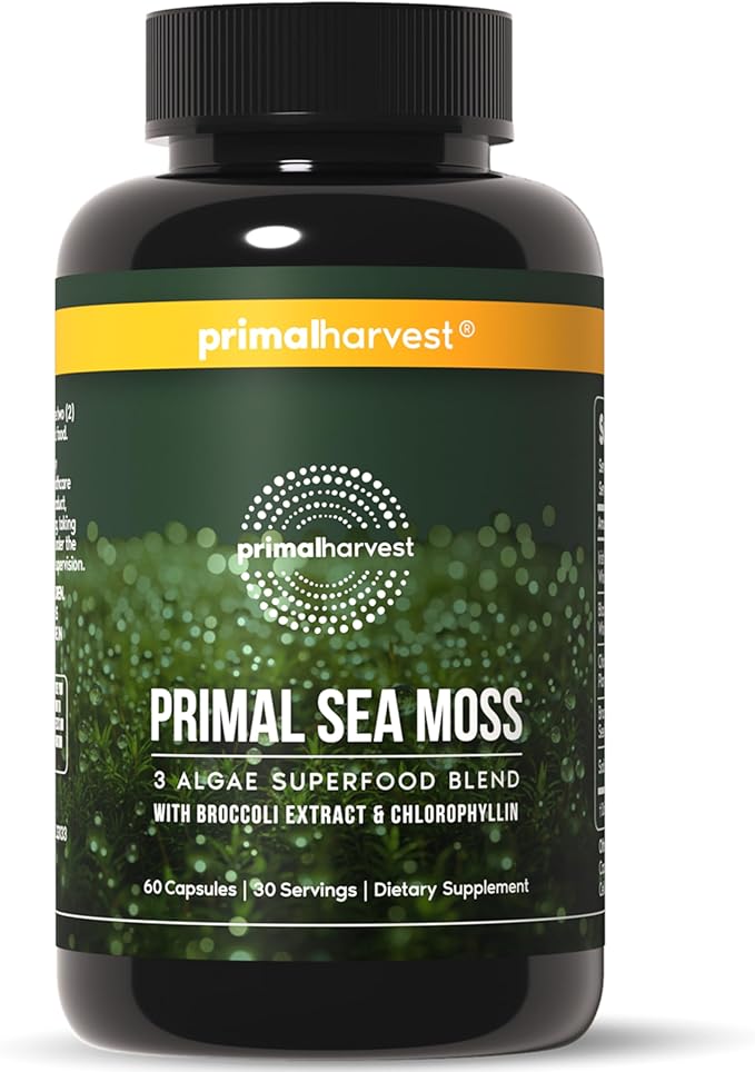 Primal Harvest Sea Moss Capsules with Bladderwack and Irish Sea Moss, Chlorella, Broccoli Seed Extract Plant-Based Supplements for Adults