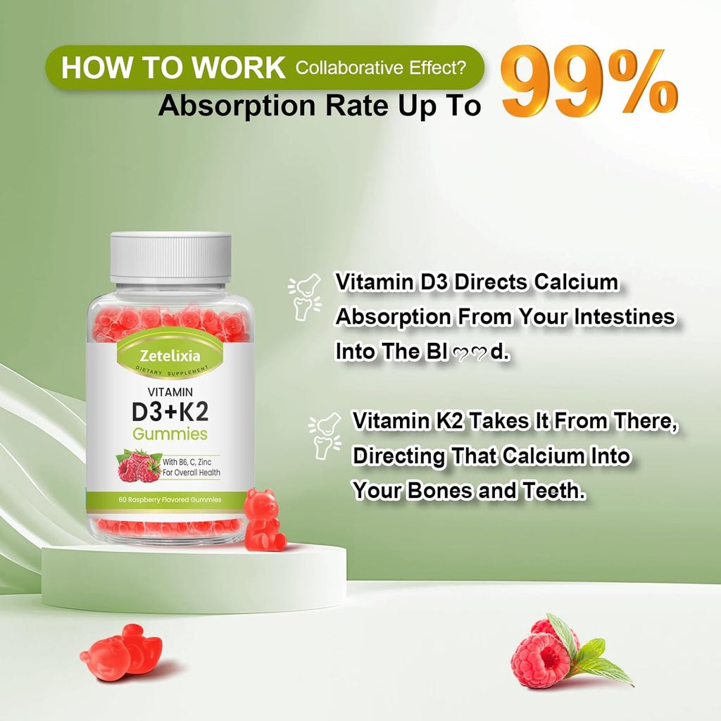 Vitamin D3 K2 Gummies for Adults, Vitamin D3 5000 IU & K2 (MK7) 120mcg, Sugar-Free D3 K2 Supplements with Vitamin B6, C & Zinc, Support Bone, Teeth, Muscle & Immunity, 120 Count