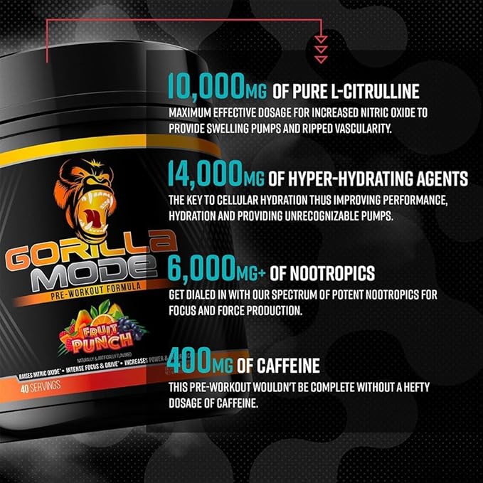 Gorilla Mode Pre Workout - Massive Pumps Laser Focus Energy Power - L-Citrulline, Creatine, L-Tyrosine, Betaine, Hydroprime, Alpha-GPC, 400mg Caffeine, Huperzine A - 784g (Pink Lemonade)