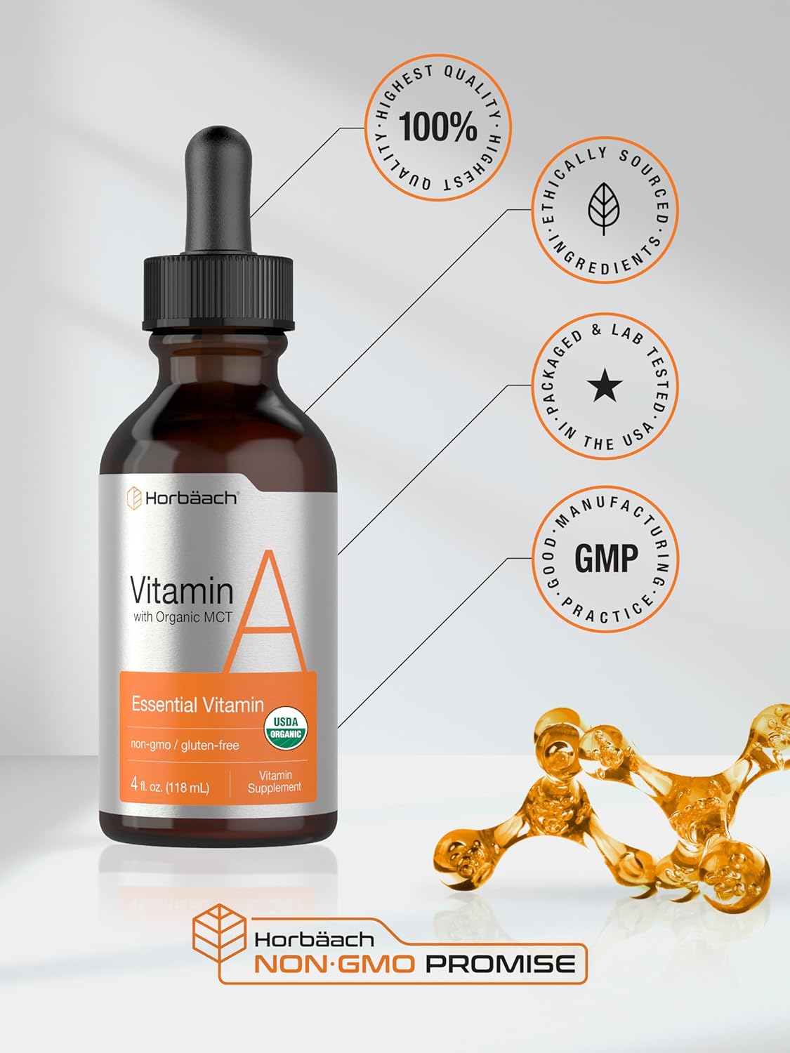 Horbäach Vitamin A Liquid | 4 fl oz | Supplement with Organic Fractionated Coconut Oil | Non-GMO, Gluten Free