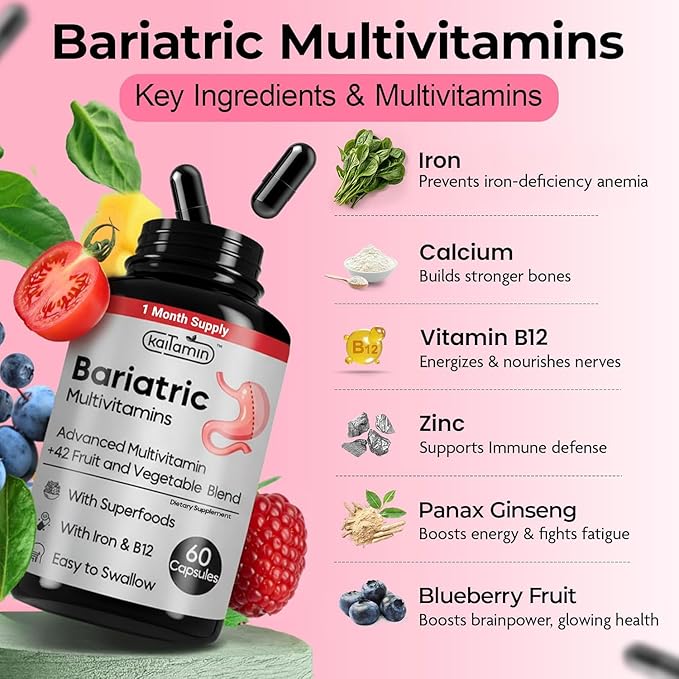 Bariatric Multivitamin with Iron - Easy-to-Swallow Capsule for Post Bariatric Surgery - Post Sleeve and Post Bypass with 42 Fruit & Veggies Blend - 60 Liquid Capsules