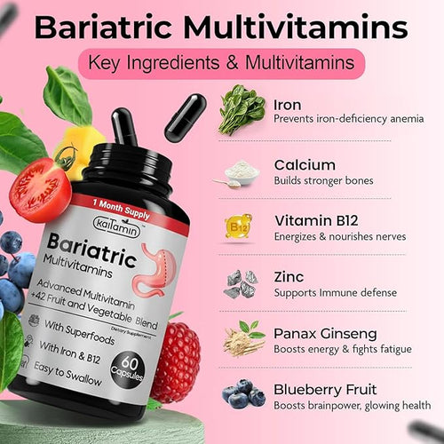 Bariatric Multivitamin with Iron - Easy-to-Swallow Capsule for Post Bariatric Surgery - Post Sleeve and Post Bypass with 42 Fruit & Veggies Blend - 60 Liquid Capsules