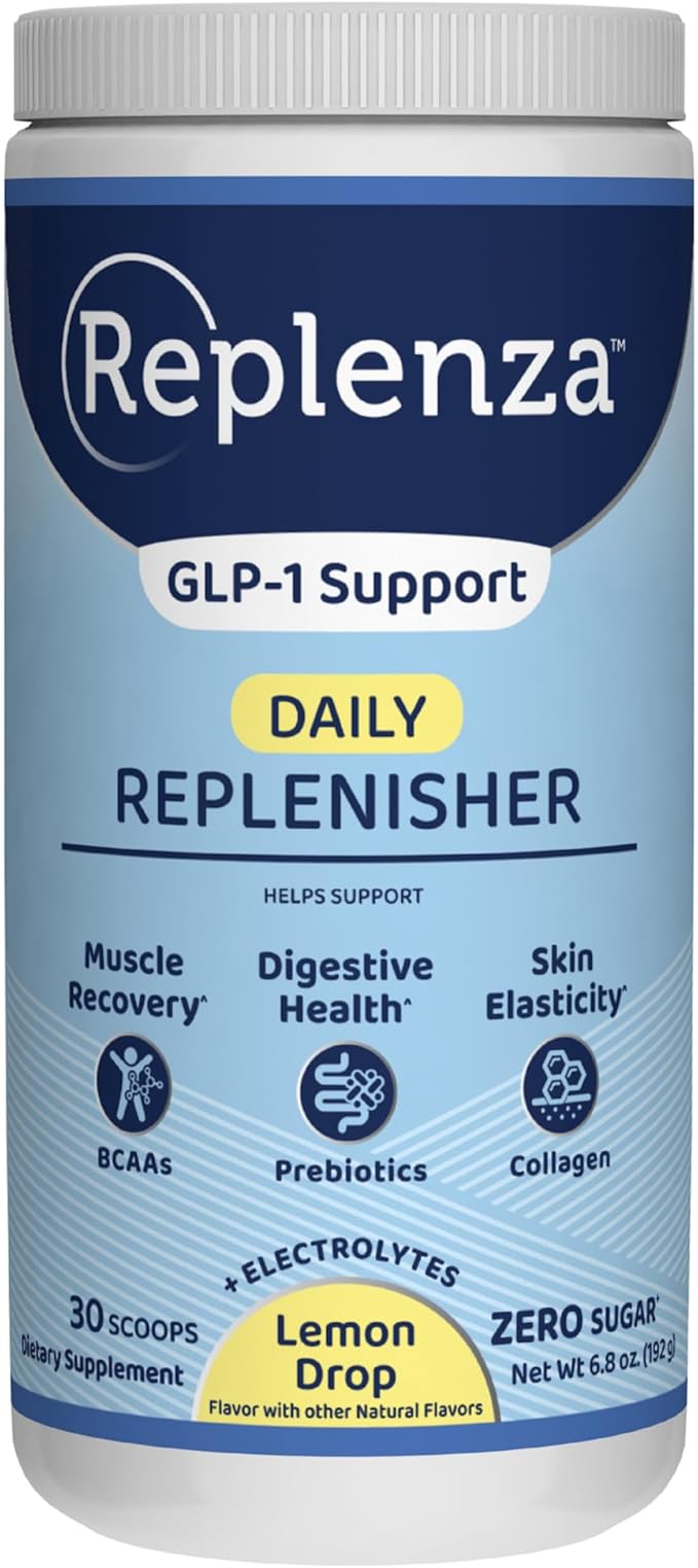 Replenza Daily Replenisher GLP-1 Nutritional Support, Powder, Muscle Recovery, Digestive Health & Skin Elasticity Mix of Amino Acids, Prebiotics and Collagen Peptides – Lemon Flavored, 30 Scoops