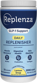 Replenza Daily Replenisher GLP-1 Nutritional Support, Powder, Muscle Recovery, Digestive Health & Skin Elasticity Mix of Amino Acids, Prebiotics and Collagen Peptides – Lemon Flavored, 30 Scoops