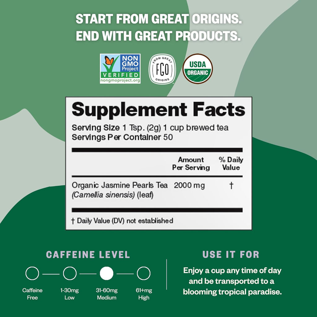 FGO Organic Jasmine Pearl Green Tea, Four Ounce, Loose Leaf, Resealable Bag, Packaging May Vary (Pack of 1)