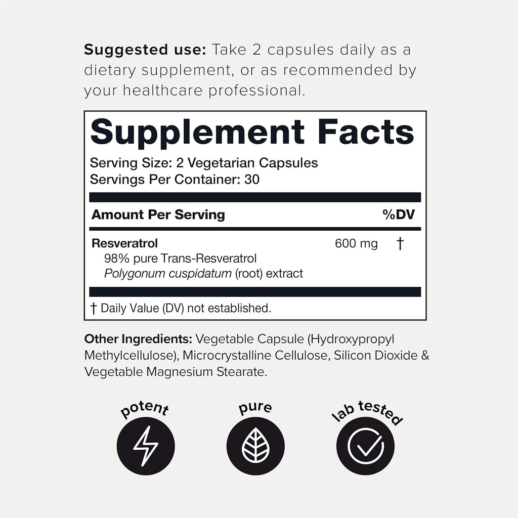Toniiq Ultra High Purity Resveratrol Capsules - 98% Trans-Resveratrol - Highly Purified and Bioavailable - 60 Caps Reservatrol Supplement