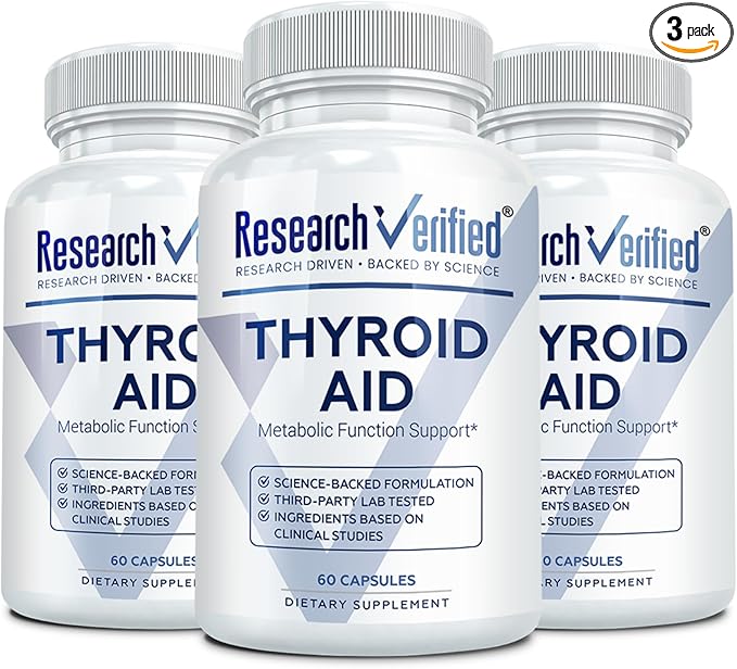 Research Verified® Thyroid Aid - Optimal Thyroid Function with Iodine Copper & Zinc - 260 mcg Selenium - 100% Pure - Vegan Friendly - 60 Capsules - 3 Month Supply