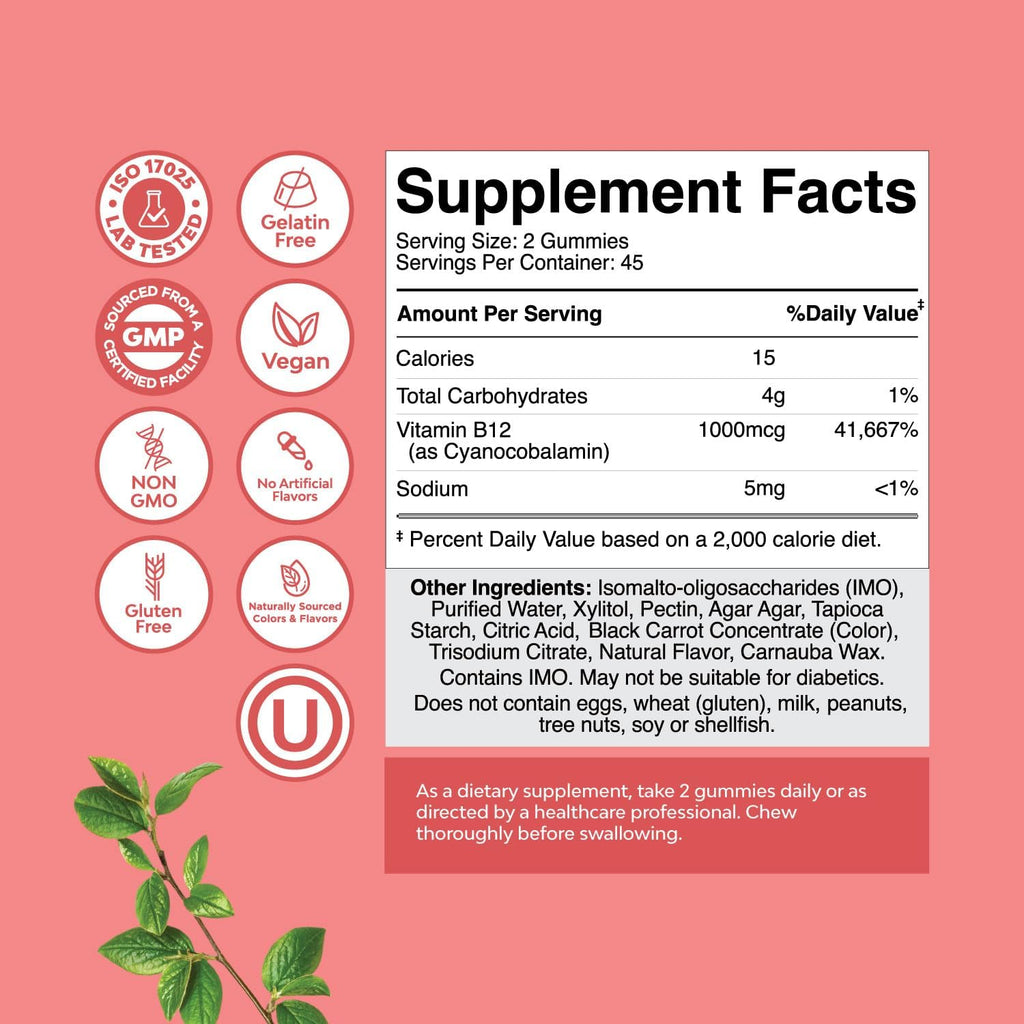 Vitamin B12 Gummies for Adults - Sugar Free Vitamin B12 1000 mcg Chewable Gums for Energy & Mood Support, Immune & Nerves Health - Kosher Non-GMO & Gluten Free Supplement for Women & Men - 90 Count