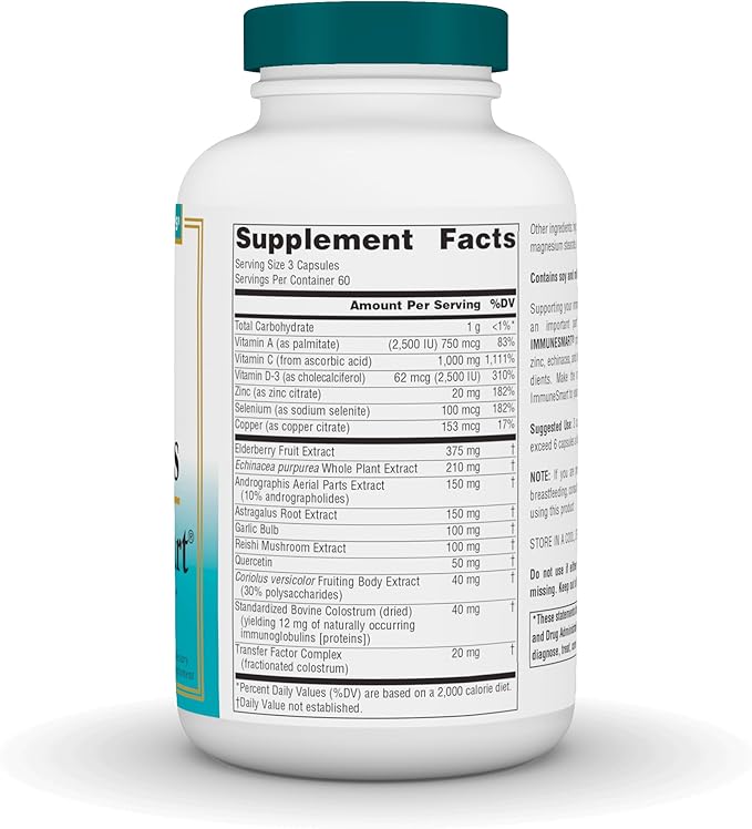 Source Naturals Wellness ImmuneSmart - for Core Daily Immune Support*, with Vitamins A, C, and D, Zinc, Elderberry, Echinacea, Andrographis, Turkey Tail and Garlic - 180 Capsules