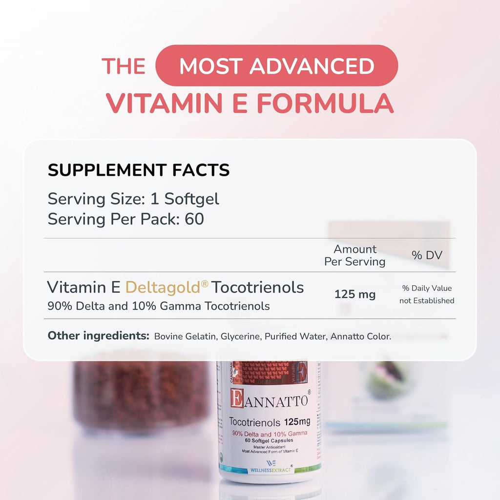 E Annatto Tocotrienols Deltagold 125mg, Vitamin E Tocotrienols Supplements 60 Softgel, Tocopherol Free, Supports Immune Health & Antioxidant Health (90% Delta & 10% Gamma) (Pack of 1)