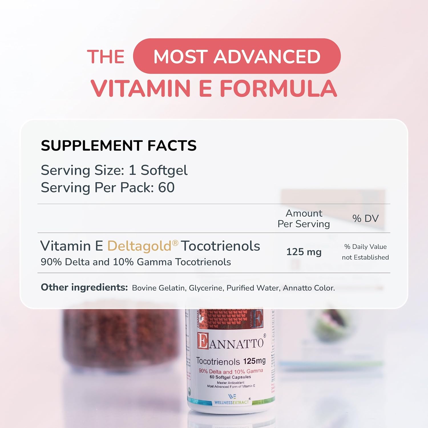 E Annatto Tocotrienols Deltagold 125mg, Vitamin E Tocotrienols Supplements 60 Softgel, Tocopherol Free, Supports Immune Health & Antioxidant Health (90% Delta & 10% Gamma) (Pack of 1)
