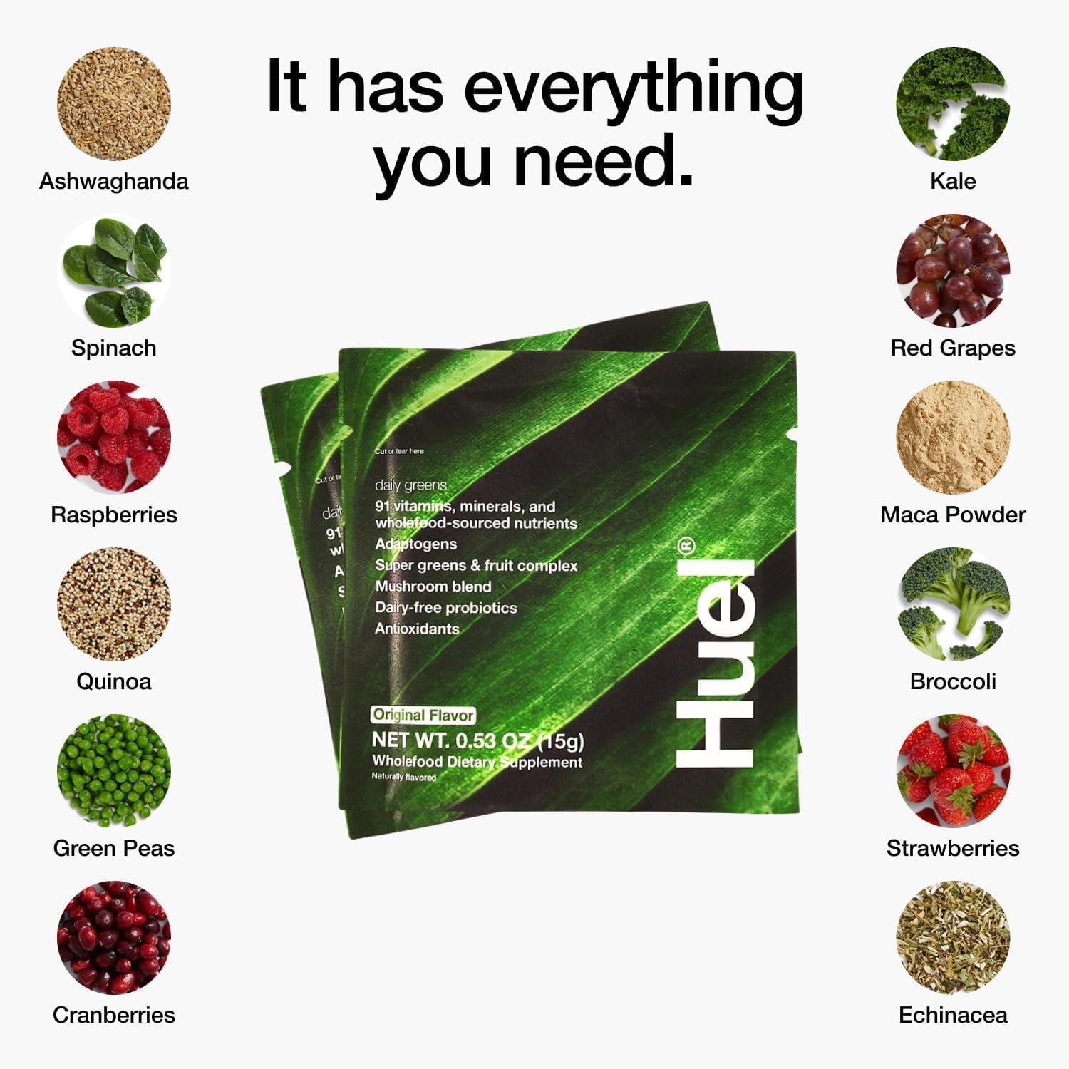 Huel Daily Greens Single Serve | Superfood Greens Powder | 91 Vitamins, Minerals, and Wholefood-Sourced Ingredients | Adaptogens, Antioxidants, Gut-Friendly Probiotics | 12 Pack