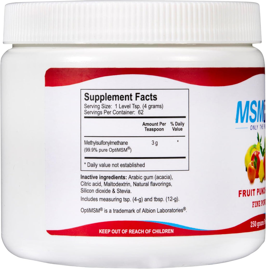 KALA HEALTH MSMPure Fast Dissolving Fruit Punch Flavored Fine MSM Powder Crystals – US-Made MSM for Joint Health, Skin Appearance, and Hair & Nail Support – 8.8 oz, Organic Sulfur