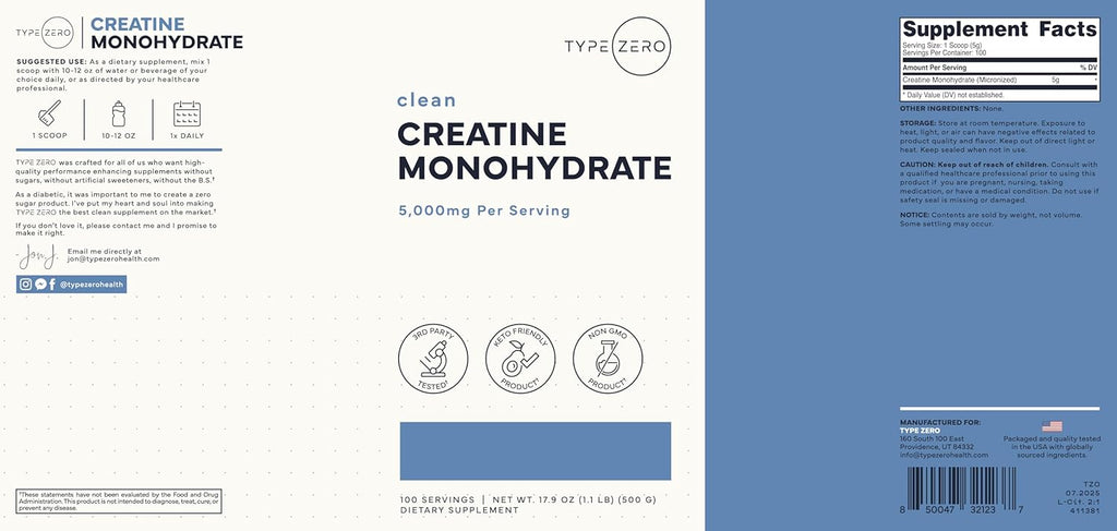 Type Zero Creatine Monohydrate Powder (Unflavored | 500g), 5000 mg Per Serving, Micronized, Zero Sugar, Keto Friendly & Gluten Free, 100 Servings