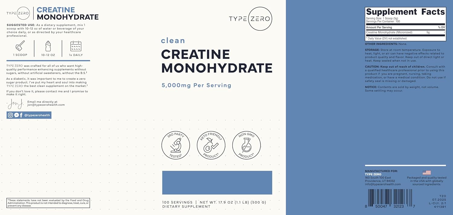 Type Zero Creatine Monohydrate Powder (Unflavored | 500g), 5000 mg Per Serving, Micronized, Zero Sugar, Keto Friendly & Gluten Free, 100 Servings