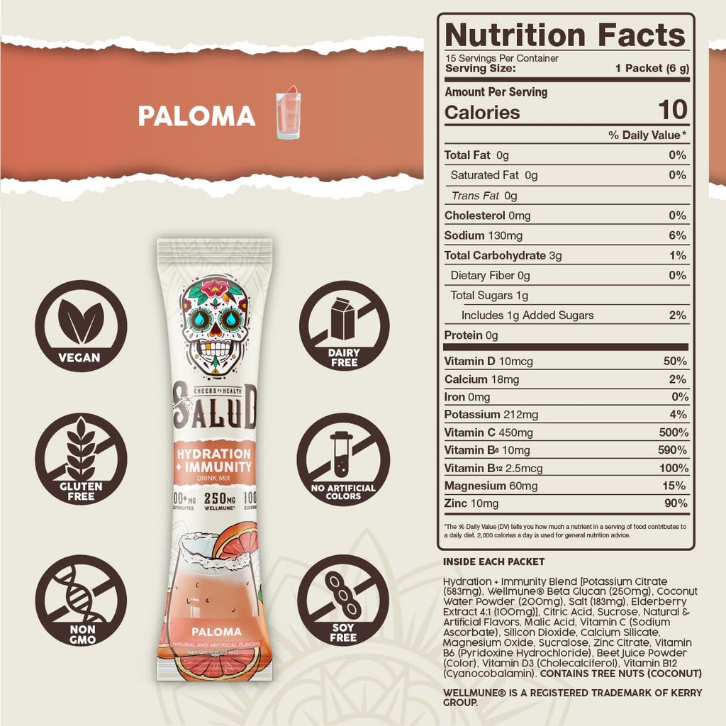 Salud 2-in-1 Hydration Packets + Immunity Electrolytes Powder, Paloma - Agua Fresca Drink Mix, Elderberry, Dairy & Soy Free, Non-GMO, Gluten Free, Vegan, Low Calorie, 1g Sugar (15 Servings)
