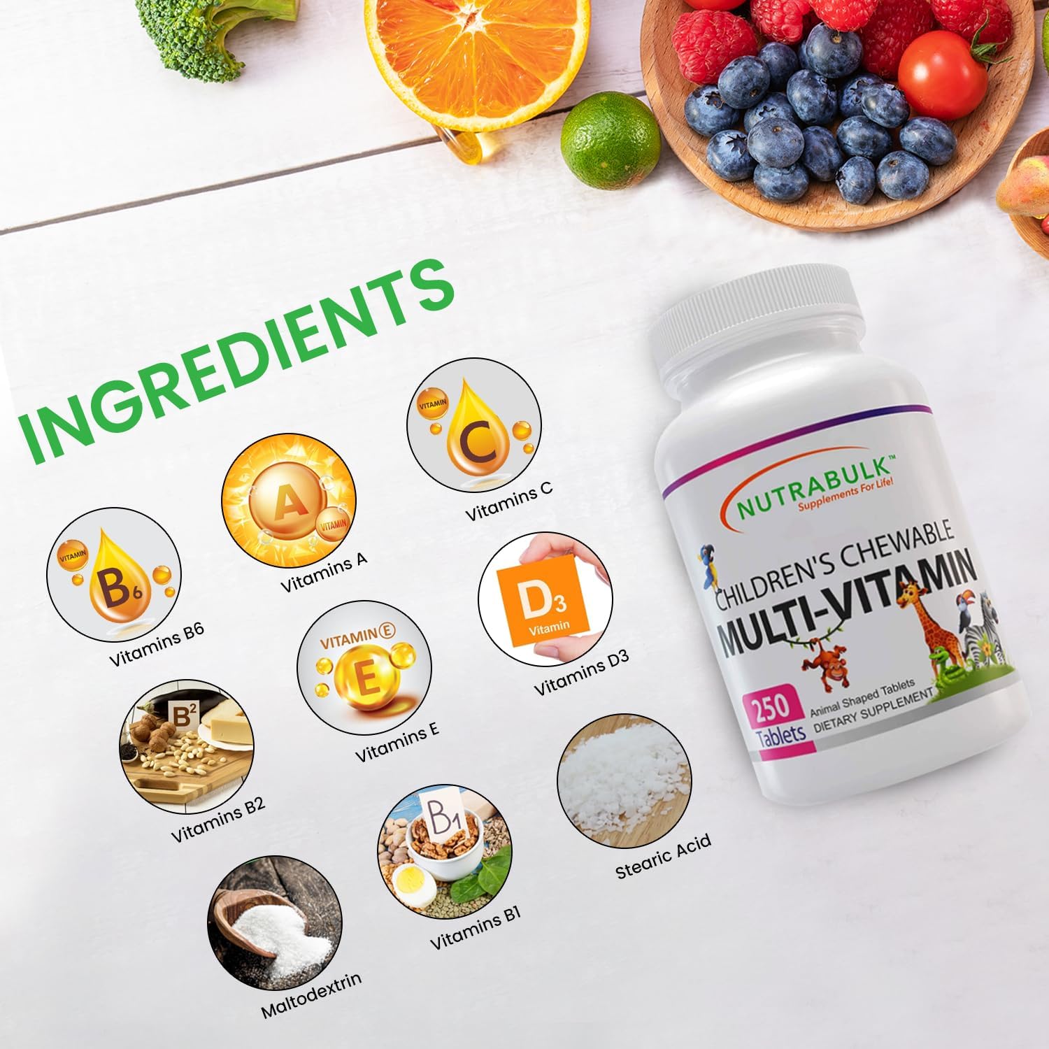 Children’s Chewable Multi-Vitamins - Promoting Kids' Overall Development - USA-Made, May Help to Support Immune, Bone, Brain & Overall Well Being- Vegan & Gluten Free - 250 Cherry Tablets