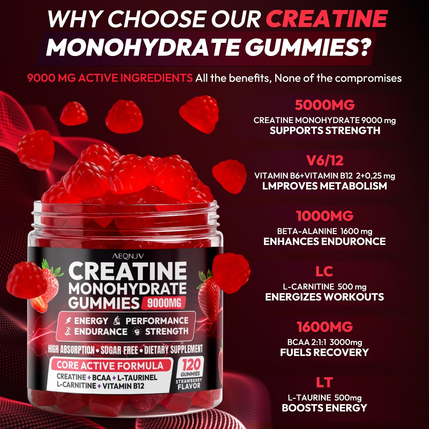 Creatine Gummies Monohydrate Complex 9000MG, Chewable Creatine Monohydrate Gummies for Men & Women with L-Taurine, BCAA 2:1, B12/6, Building Muscle Strength and Boost Focus, 30 Days Supply