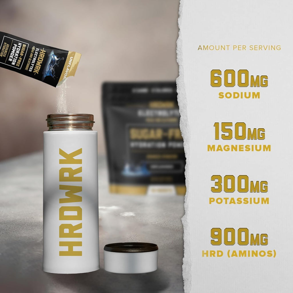 HRDWRK Electrolytes Powder Packets with Magnesium, Potassium Sodium, Keto Hydration Packets - BCAA Electrolyte Powder Packets with Glutamine, 30 Electrolytes Powder Packets Sugar Free (Unflavored)