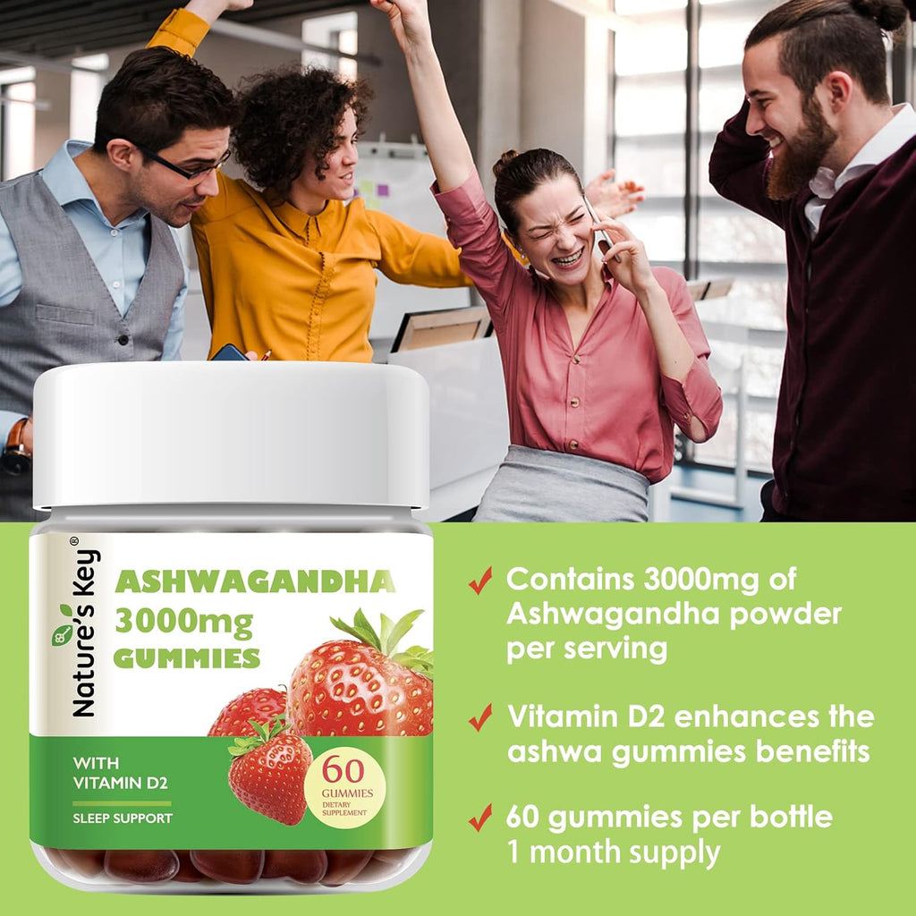 Nature's Key Ashwagandha Gummies, 3000mg High Potency Ashwagandha Root Extract with Vitamin D2, Stress, Calm Mood & Cognition, for Men & Women, Strawberry Flavor (60 Count (Pack of 1)