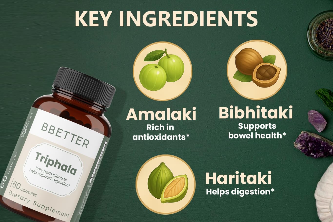 BBETTER Triphala – Ayurvedic Herbal Supplement with Amla, Haritaki & Bibhitaki for Occasional Constipation & Bloating – Supports Digestion, Healthy Bowel Function, Colon Cleanse & Detox - 60 Capsules