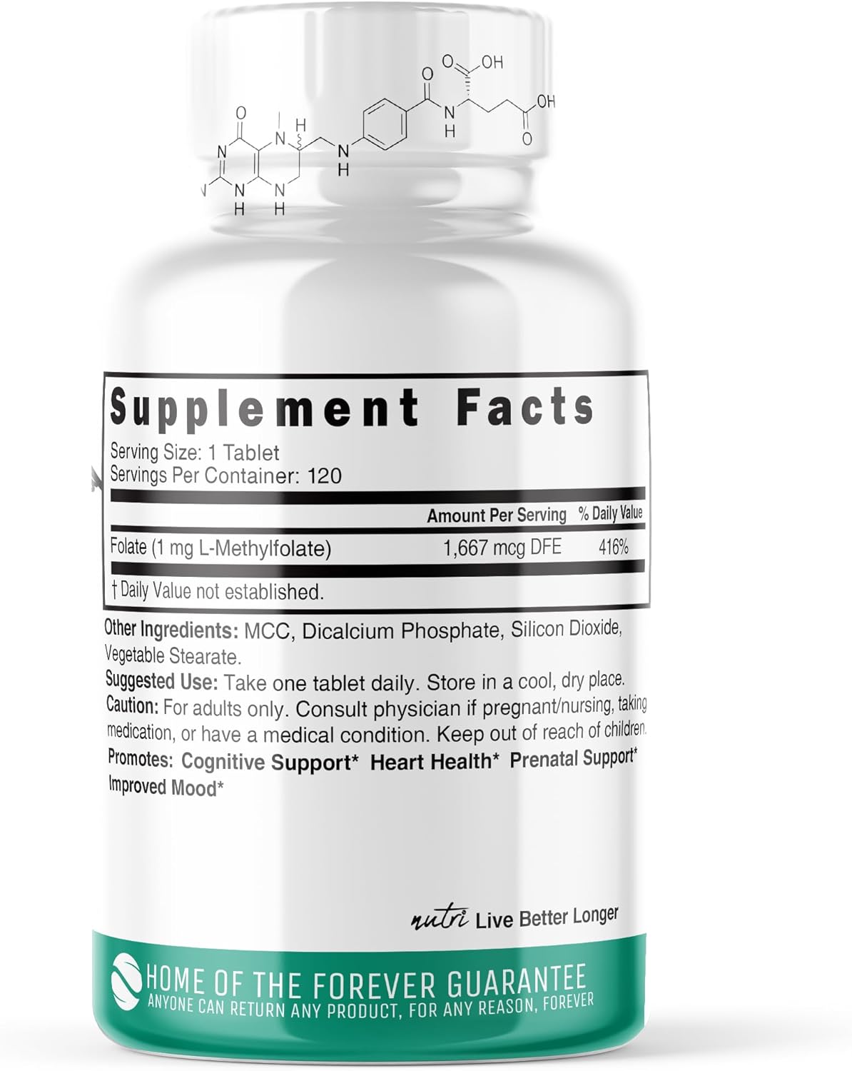 Nature's Fusions Nutri 5-MTHF L Methylfolate 1MG - 4 Month Supply, 120 Vegan Tablets - Methylated Folate Supplement - Cognitive Function, Heart Health, Prenatal Support - Methylated Folic Acid