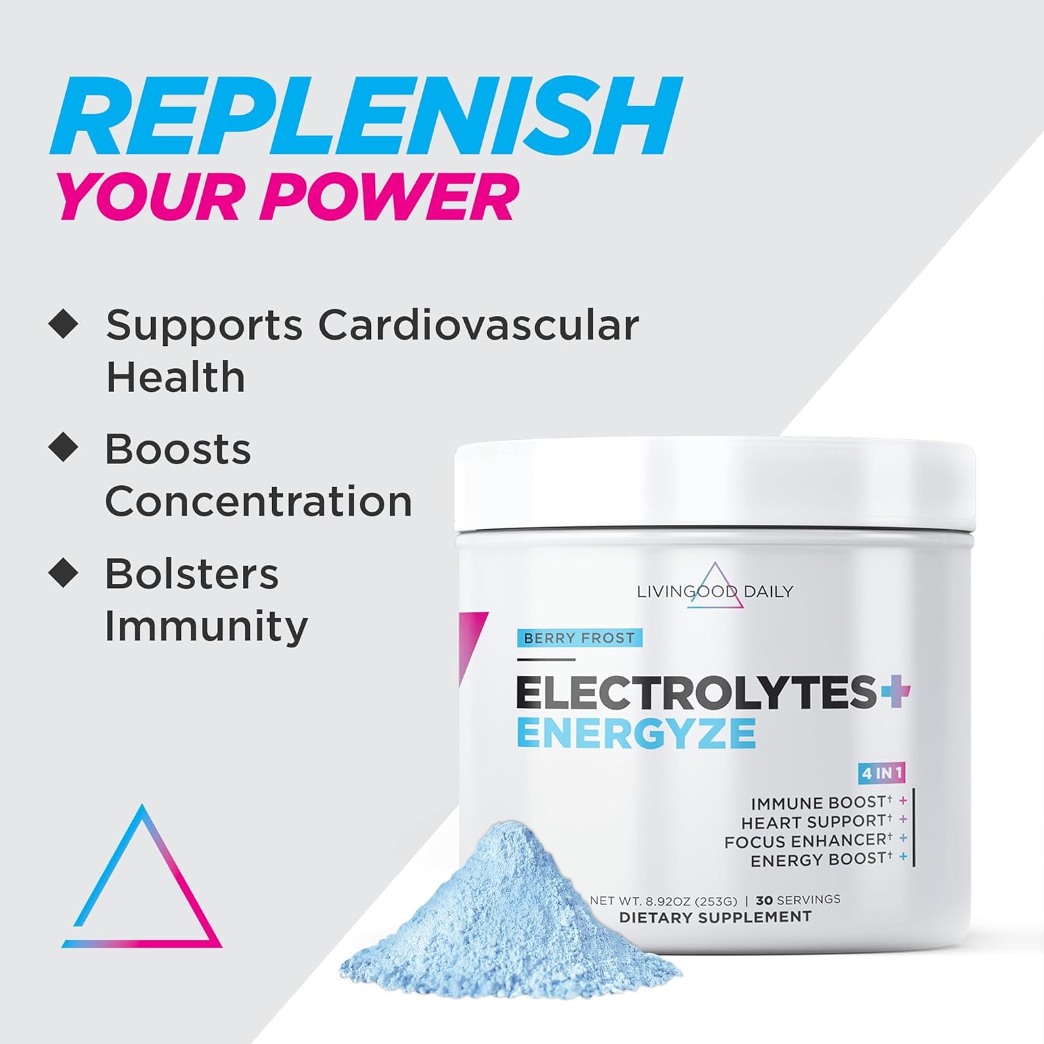 Livingood Daily Electrolytes Powder, Electrolytes Hydration Drink Mix with Vitamin C, Magnesium, Taurine & Sea Salt, Electrolyte Supplement for Energy & Hydration, Keto, Berry Frost Flavor, 30 Srvgs