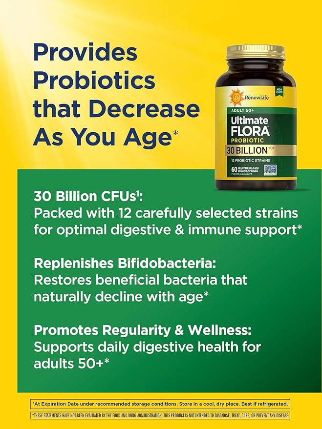 Renew Life Probiotic Adult 50 Plus Probiotic Capsules, Daily Supplement Supports Urinary, Digestive and Immune Health, L. Rhamnosus GG, Dairy, Soy and gluten-free, 30 Billion CFU, 60 Count