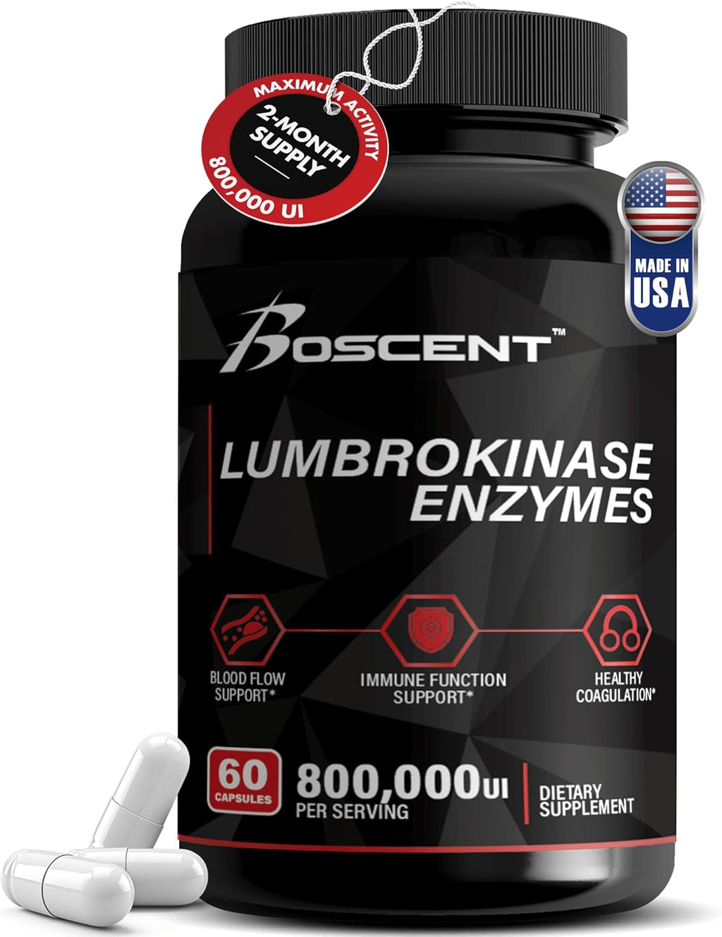 Lumbrokinase Supplement 40mg (60 Capsules) - Maximum Activity-800,000 UI - Pure Lumbrokinase Enzymes Digestive enzymes, Better Than serrapeptase Nattokinase Supplement, Lab Tested, Non GMO