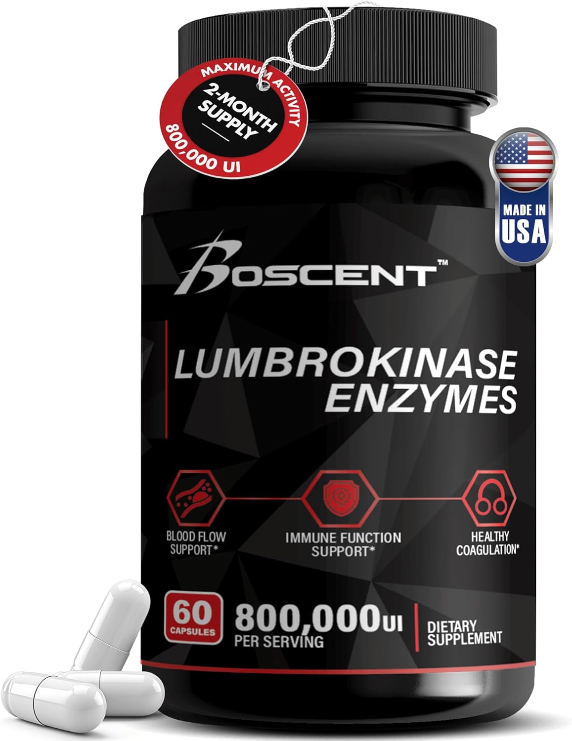 Lumbrokinase Supplement 40mg (60 Capsules) - Maximum Activity-800,000 UI - Pure Lumbrokinase Enzymes Digestive enzymes, Better Than serrapeptase Nattokinase Supplement, Lab Tested, Non GMO