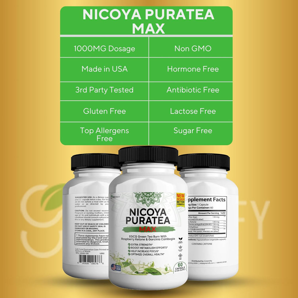 Nicoya PuraTea Max Green Tea Extract & Green Coffee Bean for Metabolism Support, Natural Energy Boost, Antioxidant-Rich Supplement – 120 Capsules
