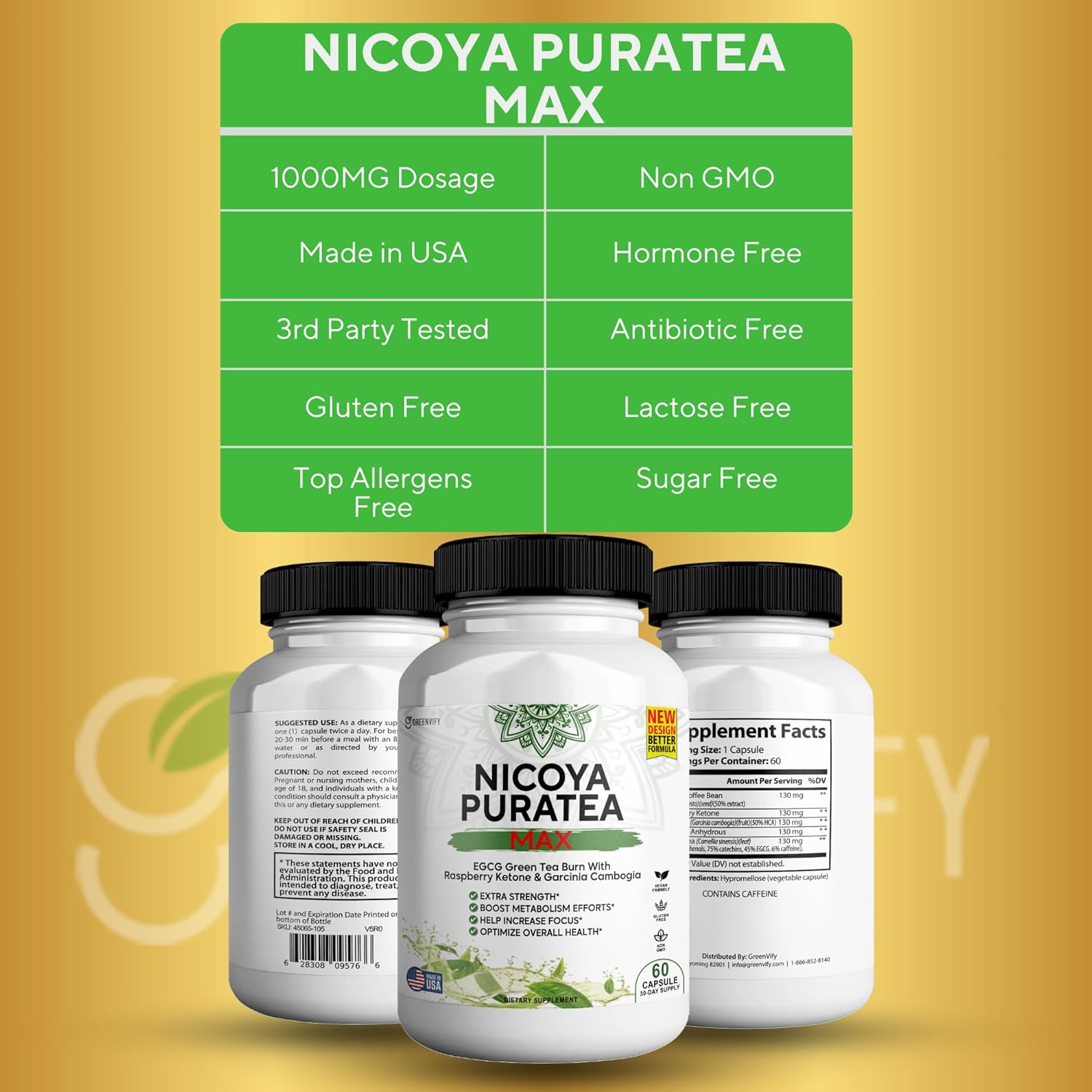 Nicoya PuraTea Max Green Tea Extract & Green Coffee Bean for Metabolism Support, Natural Energy Boost, Antioxidant-Rich Supplement – 120 Capsules