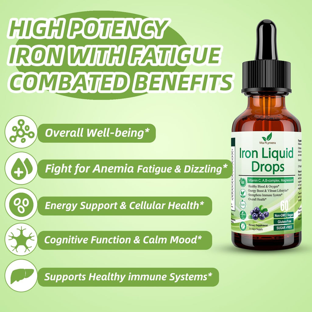 Liquid Iron Supplement for Women Men & Kids, Vegan Iron Drops with Vitamin C D, B12, B-Complex, High Potency Liquid with Multivitamin for Anemia, Energy Support, Blood, Magnesium Gentle