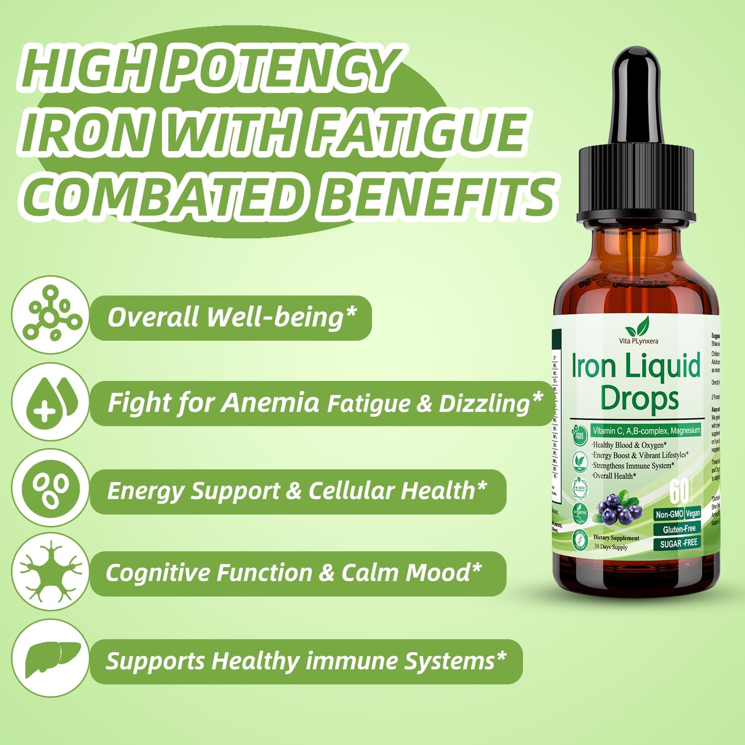Liquid Iron Supplement for Women Men & Kids, Vegan Iron Drops with Vitamin C D, B12, B-Complex, High Potency Liquid with Multivitamin for Anemia, Energy Support, Blood, Magnesium Gentle