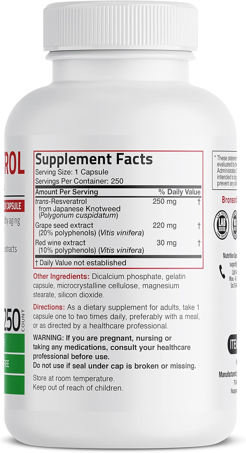 Bronson Resveratrol 500 Complex Standardized Trans-Resveratrol + Grape Seed & Red Wine Extract, 250 Capsules